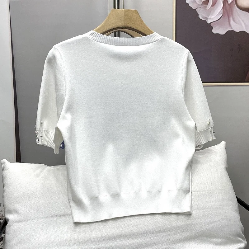 Summer New Beading Embroidery Puff Sleeve Sweater Fashion Women Knitted Pullover Slim Fit Short Knitwear Y2K Casual Jumpers