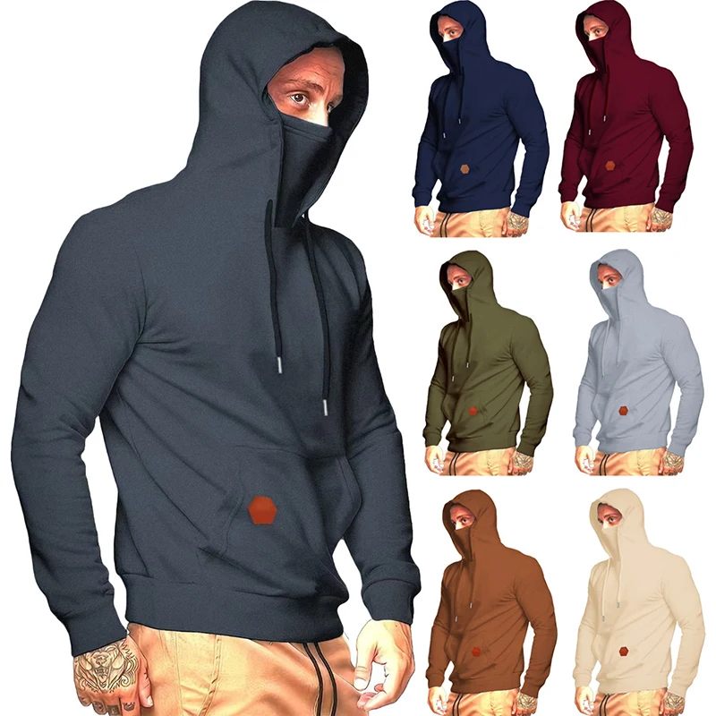 

Men Casual Long Sleeve Streetwear Hip Hop Hoodie Solid Color Drawstring Hooded Sweatshirts Ninja Mask Face Pullover Clothes Tops