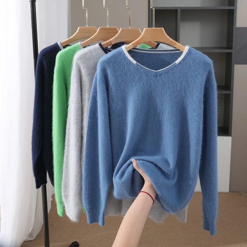 Men's  Autumn Winter 100% Mink Cashmere V-neck Pullover Sweater Color-Matching Warm Cashmere Knitwear Smart Casual Men's Tops