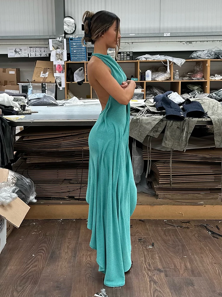 Sisterlinda Trend Mode Sexy Langes Kleid Damen Rückenfrei O-Ausschnitt Ärmellos Unregelmäßiger Saum Urlaub Gerafftes Elegantes Kleid – Detail 24