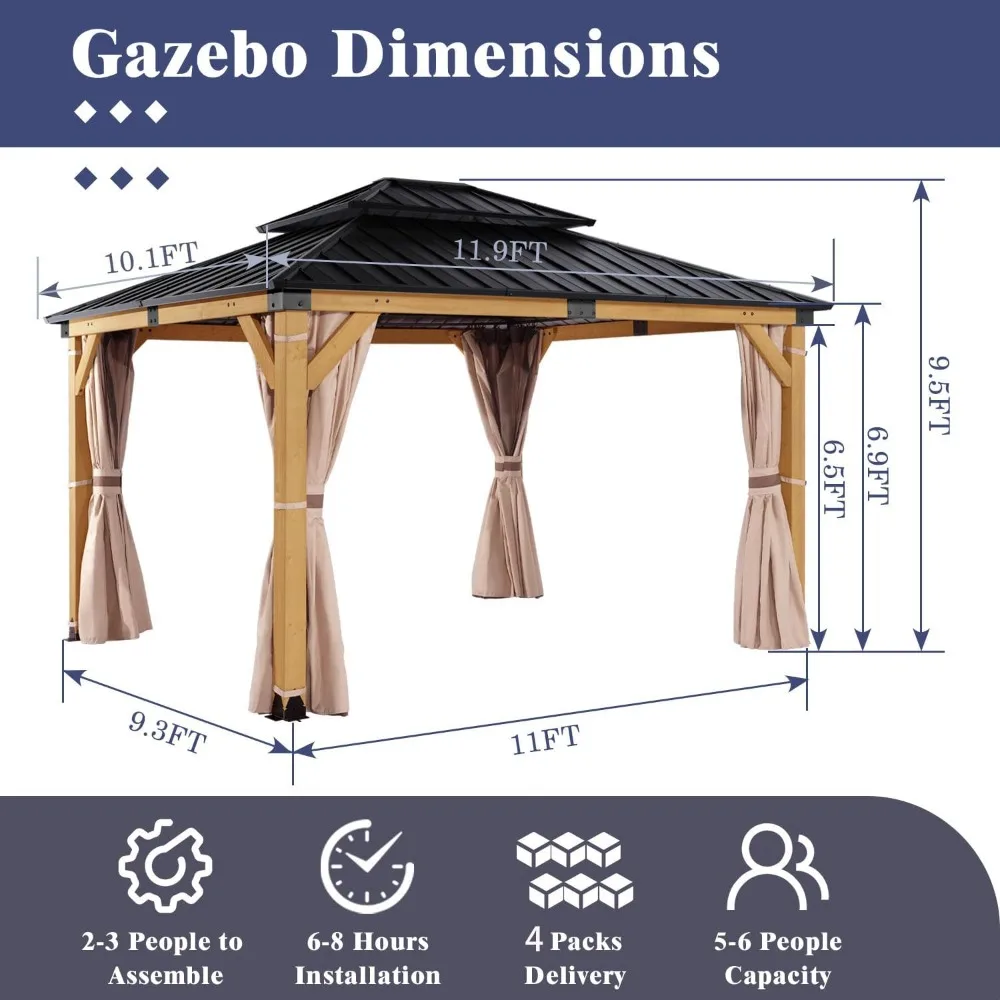 10'x12' Wood Gazebo,Patio Cedar Wood Gazebo with Mosquito Netting and Curtains, Galvanized Steel Hardtop Pavilion for Outdoor,