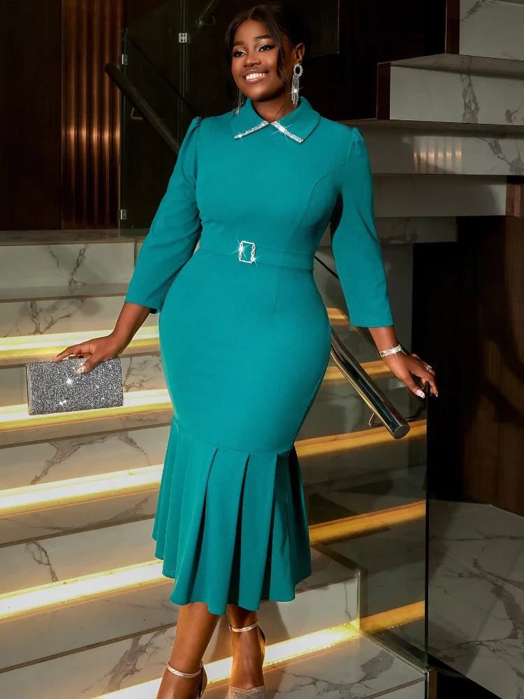 

Elegant Fashion Office Lady Mermaid Dresses for Women Turn Down Collar High Waist Package Hip Simple Cocktail Party Daily Gowns