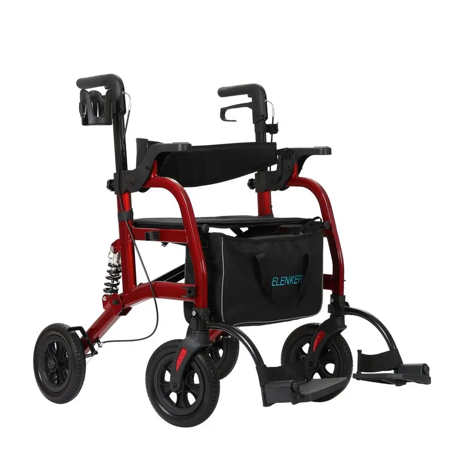 Rollator Walker Transport Rollstuhl-Kombination mit Stoßdämpfer, 2-in-1 Rolling Walker mit Sitz, All-Terrain-Räder für Senioren,