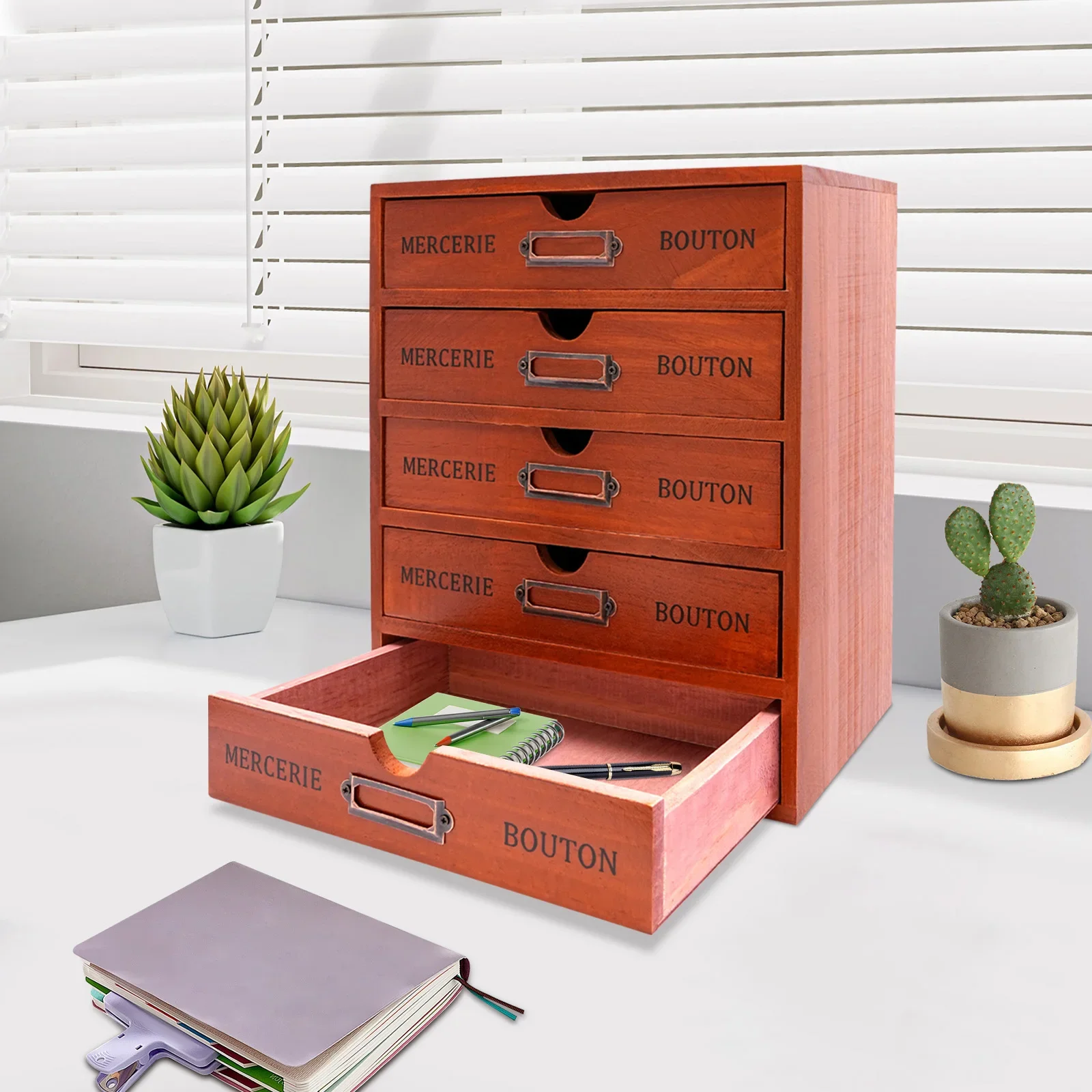 

5-Drawer Wooden Desk Organizer, Storage Drawers, Vintage Shelf Drawer