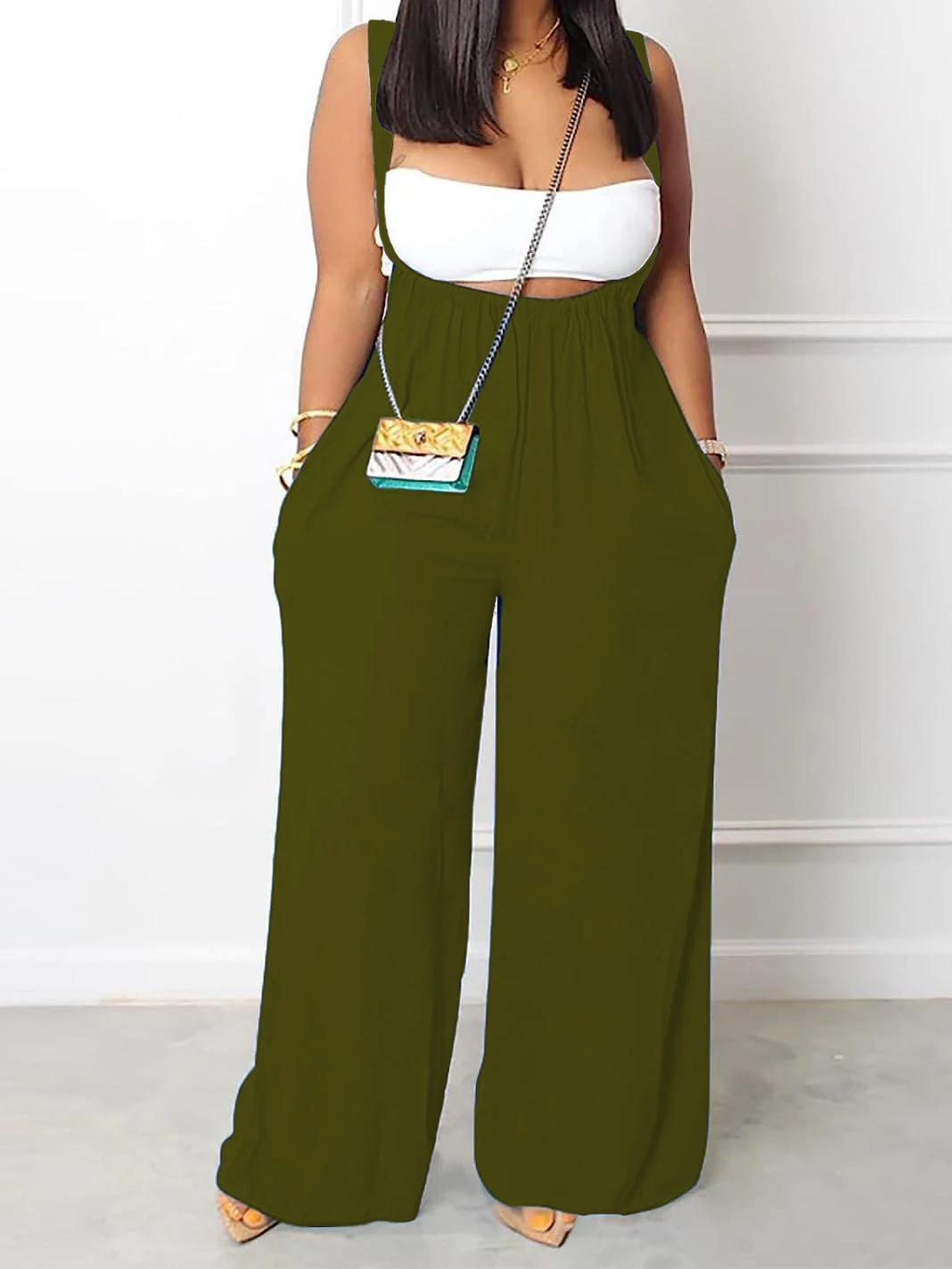 Plus Size Solid Ruched Overall Jumpsuit Casual Sleeveless Wide Leg Jumpsuit Odzież damska Plus Size