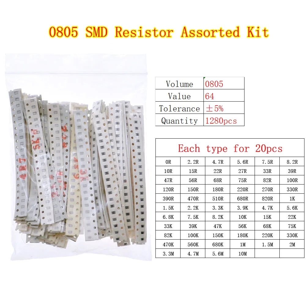 1280pcs/lot 64 Values 0805 SMD Resistor 0ohm-10Mohm Assortment Kit 5% 0.125W resistance pack