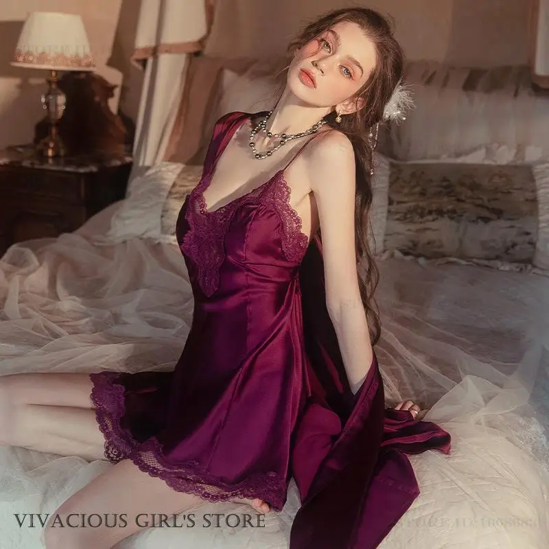 ชุดนอนหญิง Twinset Robe ชุด Nightgown ชุดชั้นในเซ็กซี่ Patchwork ลูกไม้ Nightdress เสื้อคลุมอาบน้ําฤดูใบไม้ผลิฤดูร้อน Homewear Loungewear