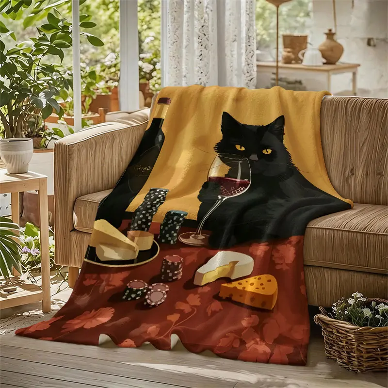 Wine Cat Portrait Flannel Blanket Perfect for Sofa Office Bed Travel Sleep Read Relax Camping Four Season Use