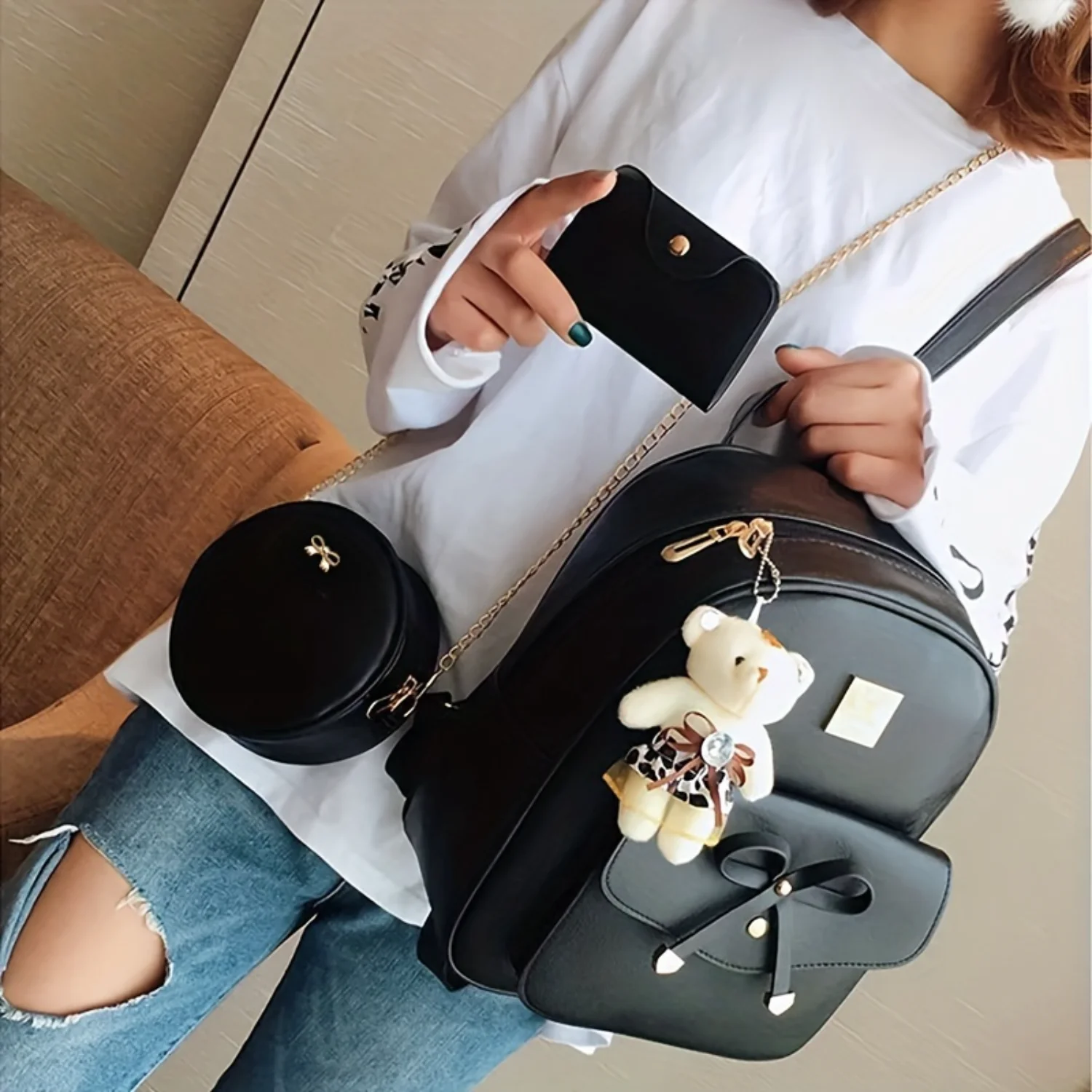 

Business Casual Backpack Set with Clutch Bag & Card Holder, Bow Decor & PU Leather, Fashion Travel School Pack