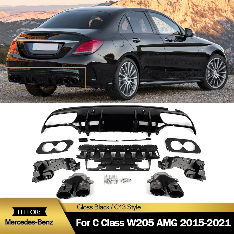 

For Mercedes W205 C300 14-18 C43 AMG Style Rear Diffuser Lip Gloss Black Exhaust