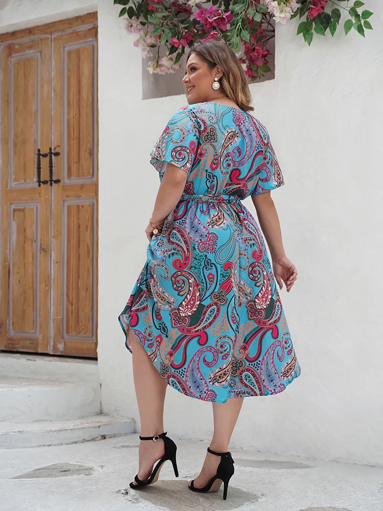 GIBSIE Plus Size Paisley Print Boho Long Dress Women Summer Short Sleeve Vacation Beach Casual Asymmetrical Dresses With Belt