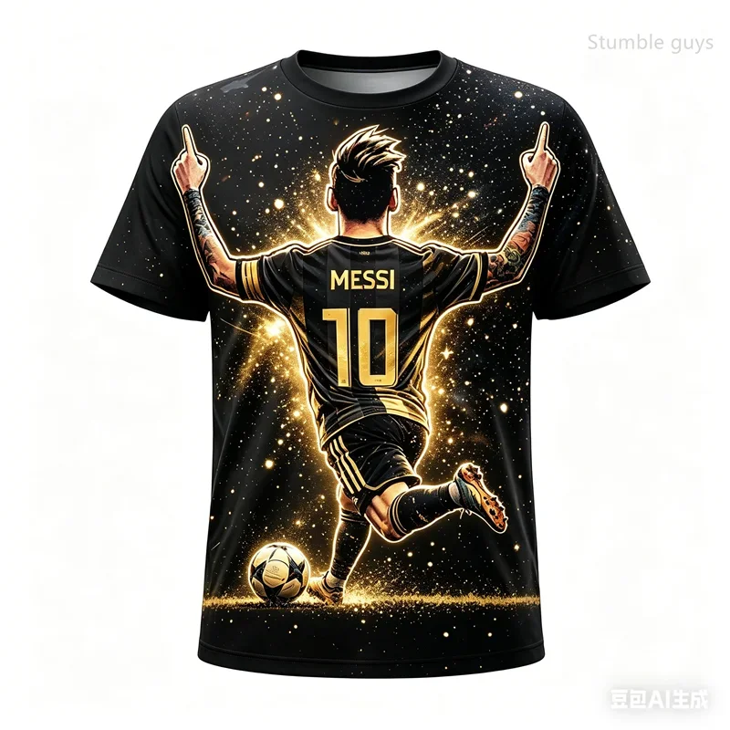 Sommer Herren Einfaches Trendiges Messi Fußball Bedrucktes Kurzarm-T-Shirt Lässiges Sporttrikot Kinder Jungen T-Shirt Herren Alltag