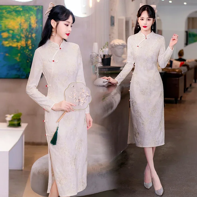 

High-end Chinese Traditional Cheongsam Good Quality Elegant And Pretty Women's Improved Long Sleeve Qipao Dress Modern Clothing