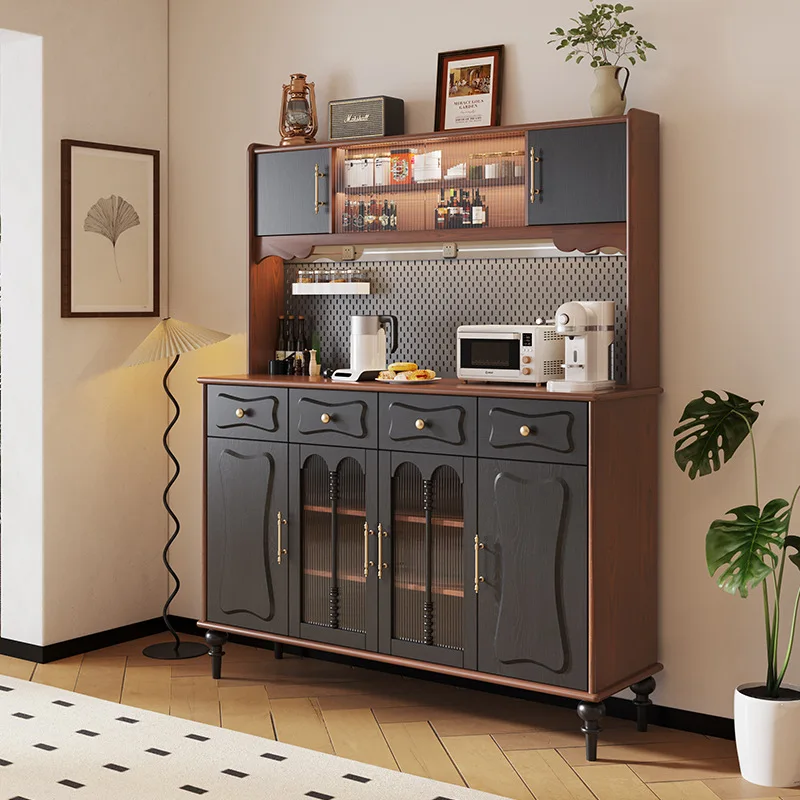 Solid wood retro style dining side cabinet household kitchen multi-functional storage cabinet integrated against the wall