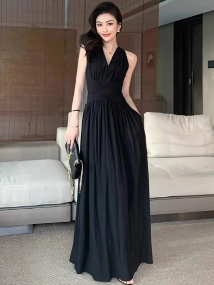 Elegant Backless Sexy Club Pleated Vest Long Dresses Women Black High Waist Beige V Nec Vacation Slim Party Evening Dress Summer - view 3