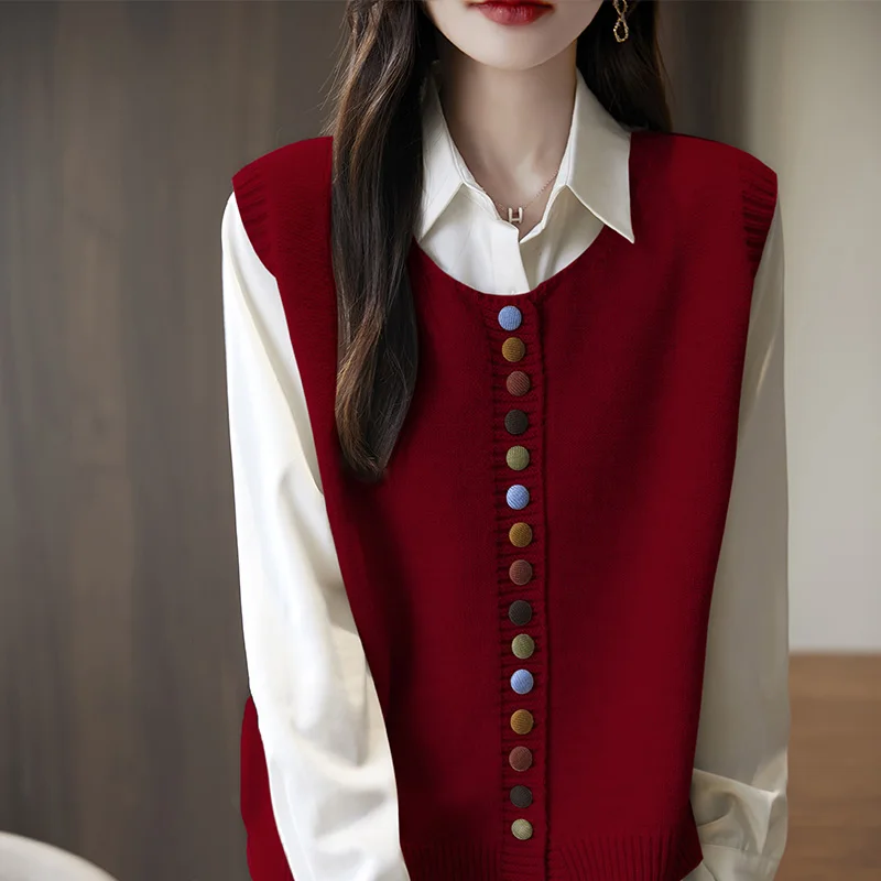 2024 New Spring And Autumn Female Vest Fashion Casual Sleeveless Sweater Vest Cardigan Waistcoat Solid color Tops