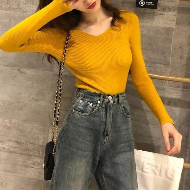 Autumn and Winter Women\'s Solid Color Pullover V-Neck Loose Fit Long Sleeve Sweater Knitted Underlay Fashion Elegant Casual Tops