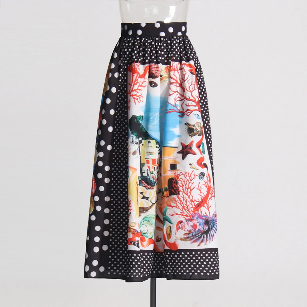 TWOTWINSTYLE Hit Color Vintage Printing A Line Skirt For Women High Waist Patchwork Pocket Loose Casual Skirts Female Fashion