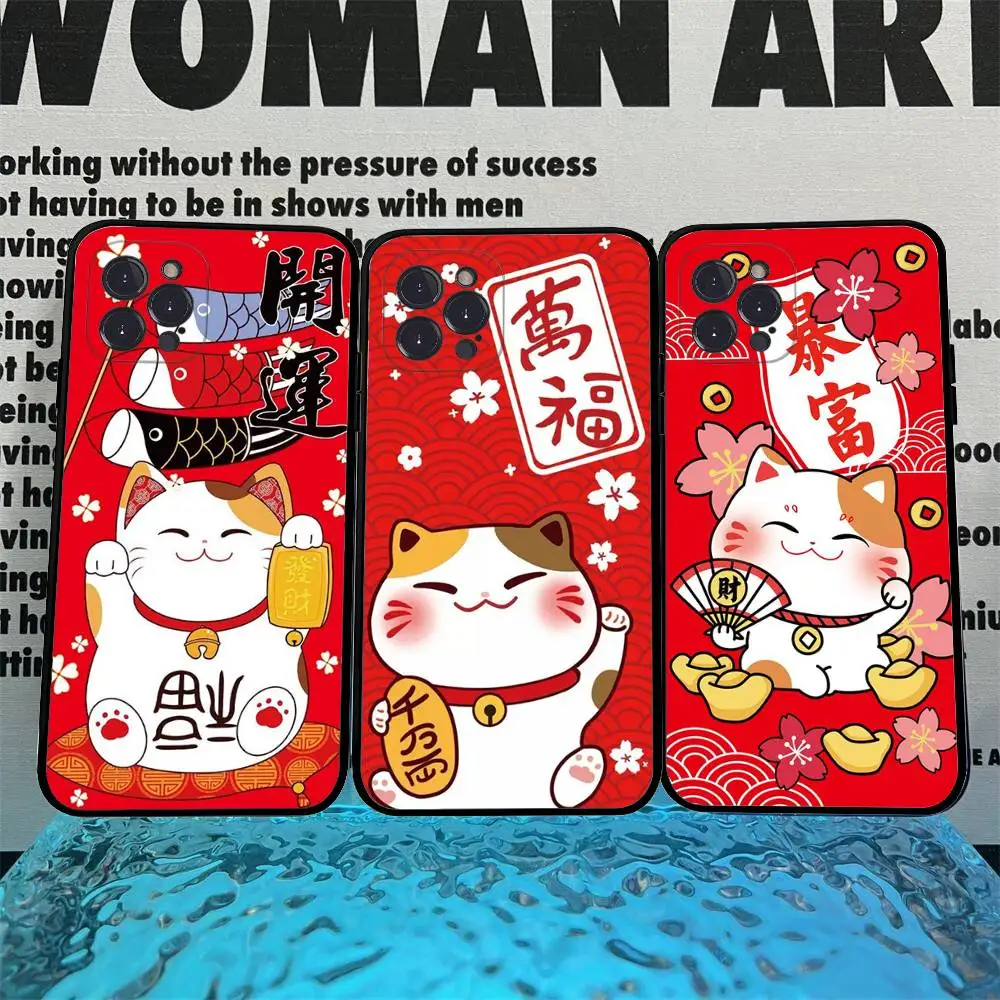 Maneki Neko Glückskatze Handyhülle für iPhone 16 Pro Max 15 17 Plus 14 13 12 Mini 11 Schwarze Hülle