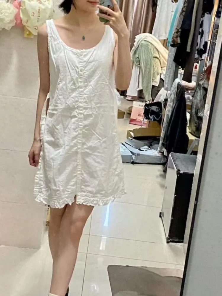 Casual Women White Single-breasted Mini Dress 2023 Summer Fashion Ladies Casual Dress Female O Neck Sleeveless Solid Color Dress