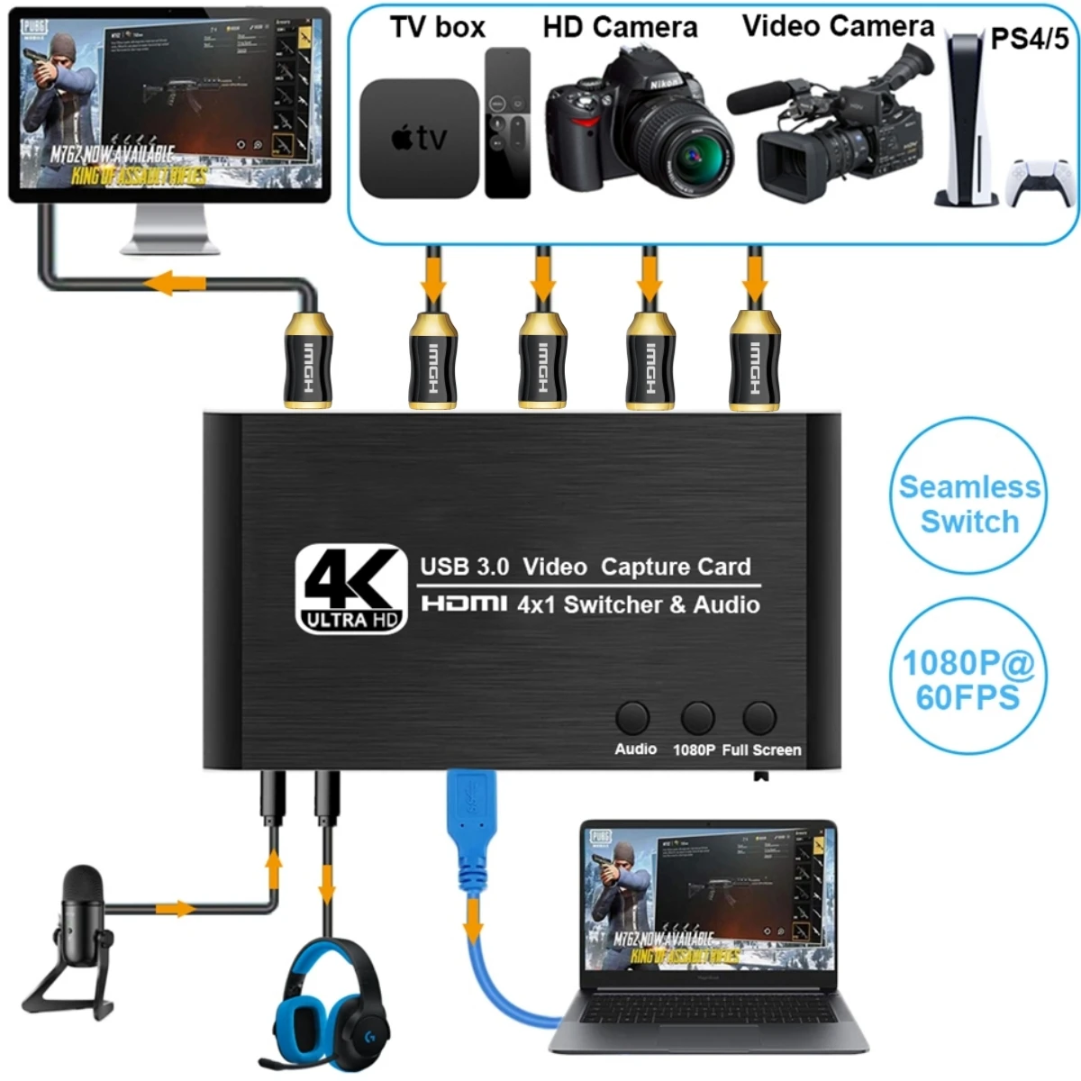 Carte de capture vidéo HDMI vers USB 1080P 60Hz Appareil de capture HDMI compact Enregistrement