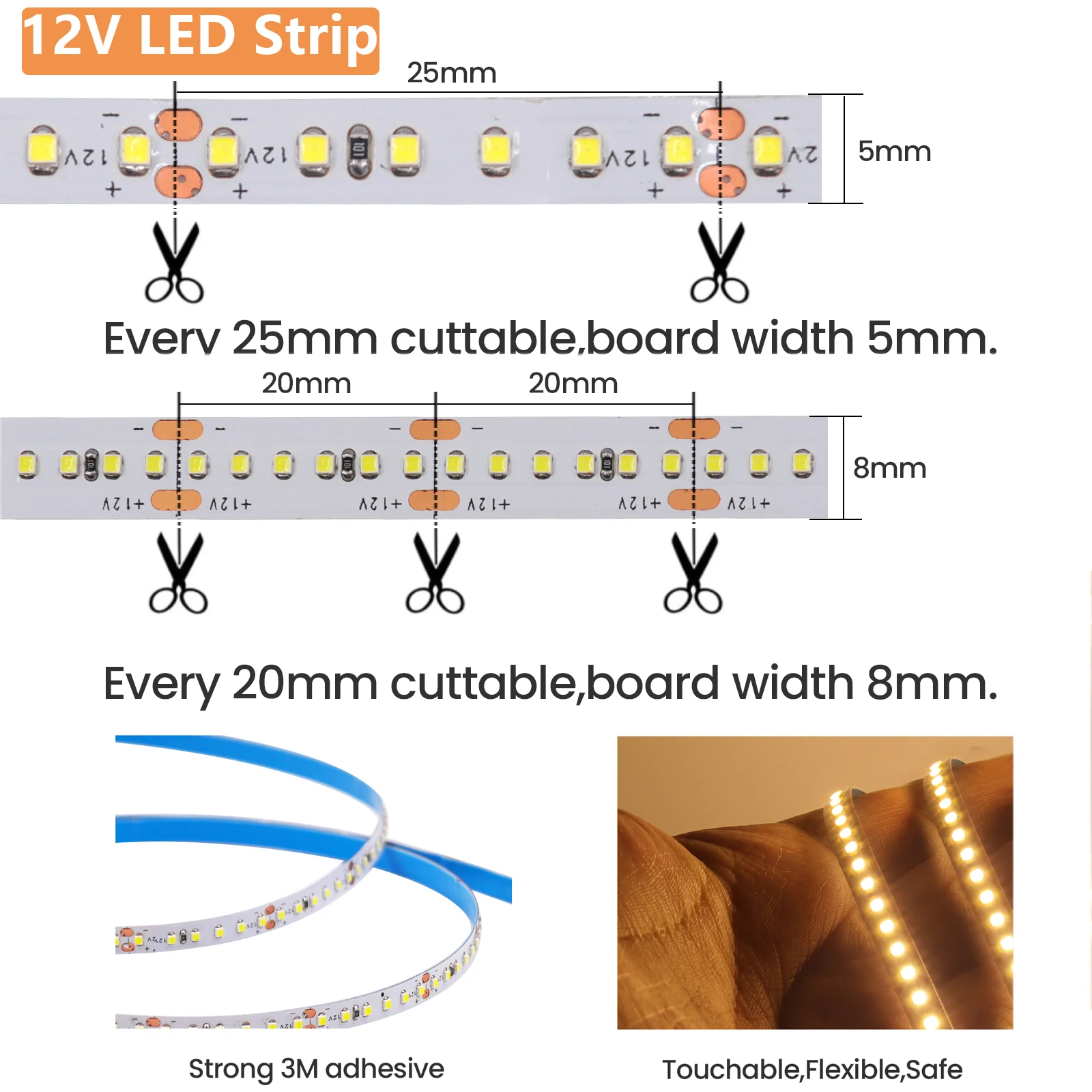 4MM 5MM 8MM LED Strip 5V 12V High Brightness 180 240 300LEDs/m Flexible LED Tape Lamp White Warm White 0.5M 1M 2M 3M 4M 5M