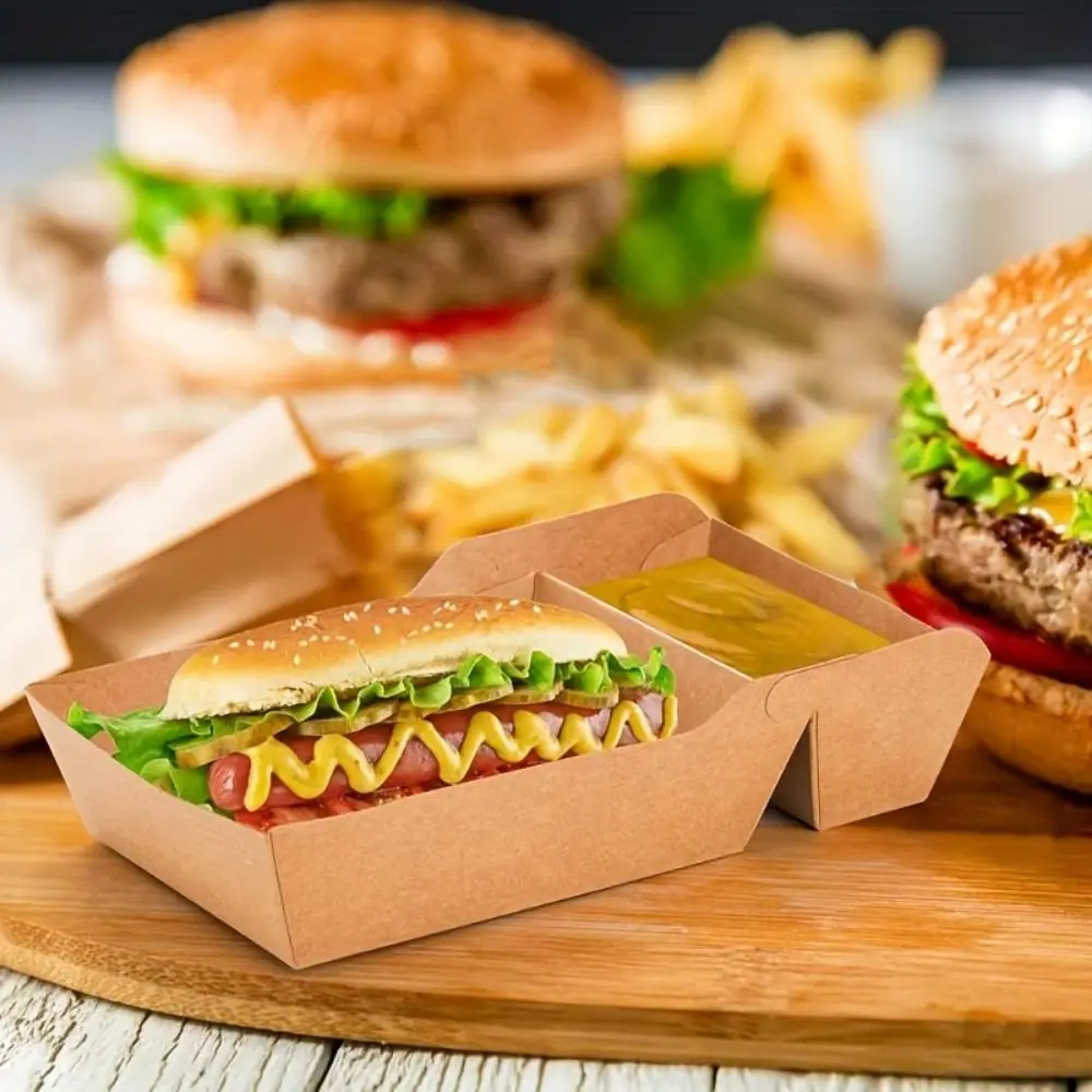 50Pcs Two Grids Disposable Food Serving Tray 320/440/520ML Capacity Eco-Friendly Kraft Paper Snack Box Sturdy with Film
