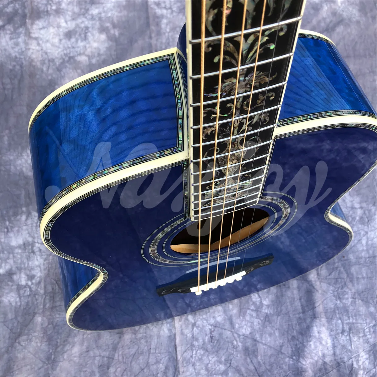 Burst Blue Maple 40 inches OM Type Acoustic Guitar Solid Spruce Top Ebony fingerboard Real Abalone Inlays Guitar