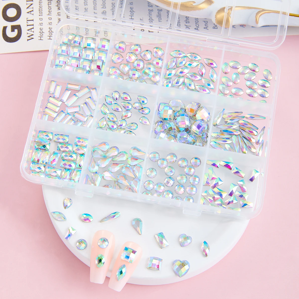 1Box Gradient Colored Heart Square Droplet Nail Rhinestones Creative Flatbackt Semi-circular Nail Art Decorations for DIY Nails