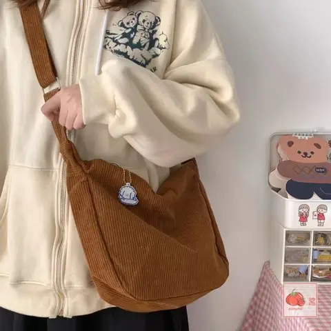 솔리드 컬러 코듀로이 크로스 바디 백 패션 한국어 캐주얼 숄더 백 대용량 게으른 스타일 핸드백 여성