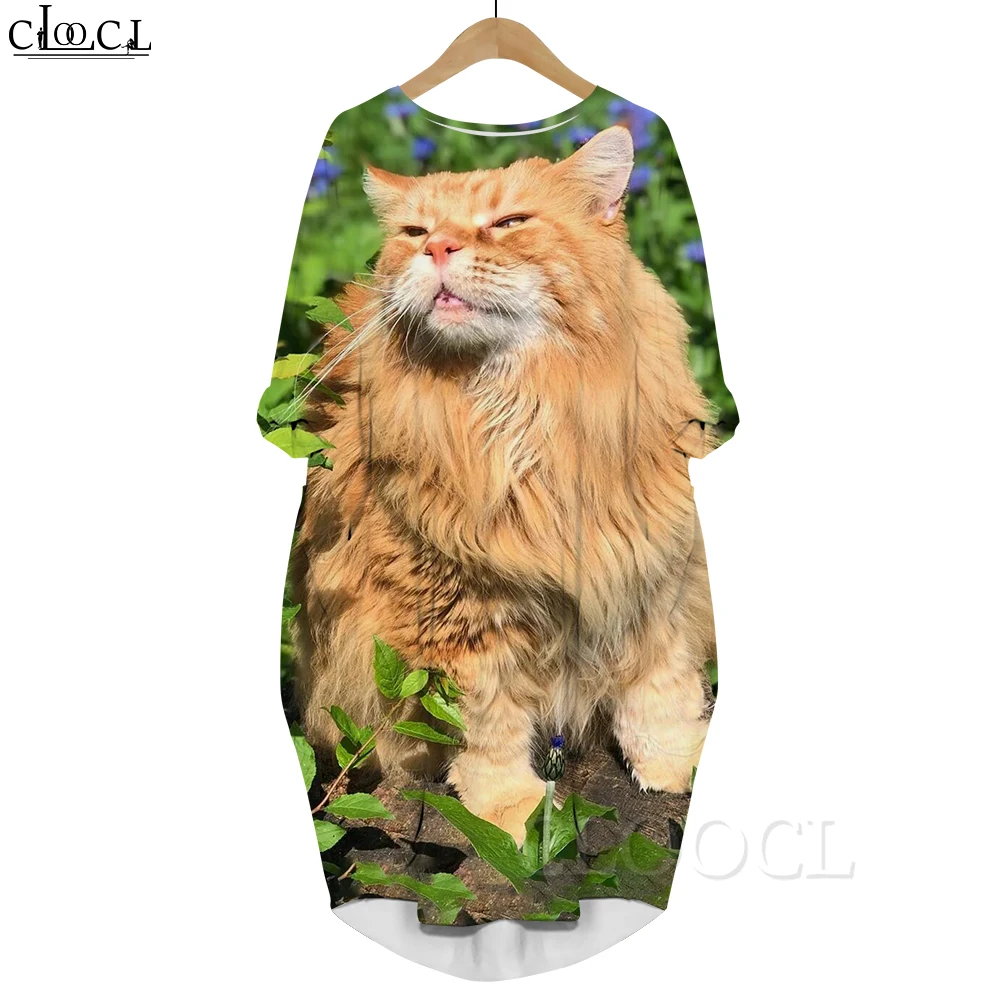 CLOOCL Shirt Dresses Lovely Pet Print Dresses Brazilian Short-haired Cat Print Long Sleeve Pocket Dress Fashion Casual Vestidos