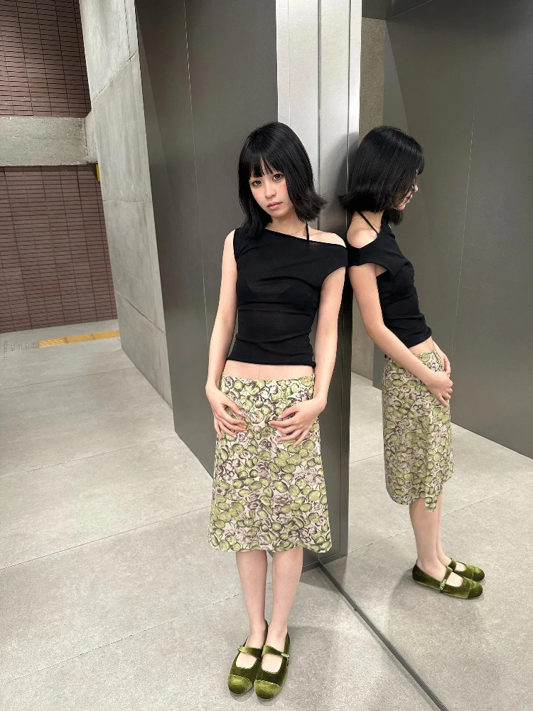 Summer Mid-Length A-Line Skirt Women's High Waist Print Design Green Plant Stylish Half Skirt Natural Series Casual Wear
