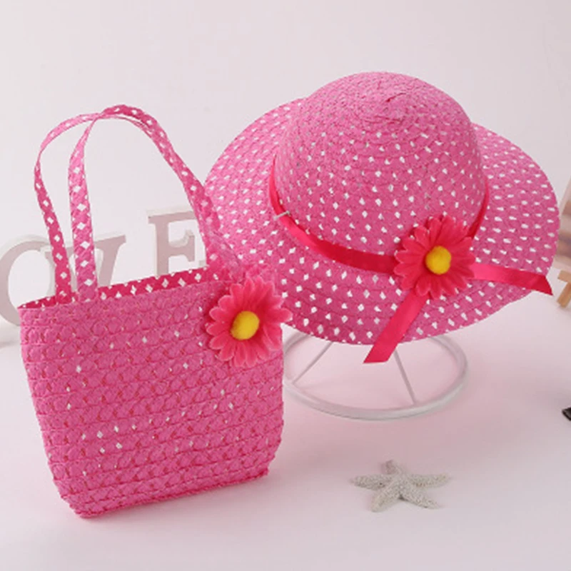 Kids Girls Large Wide Brim Straw Woven Sun Protection Beach Hat Colorful Pompom Ball Summer Floppy Bucket Cap Portable Handbag image 3