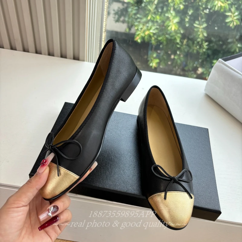 أحذية جلدية نسائية جديدة للربيع والصيف ذات طبقة واحدة مقترنة مع أحذية باليه مسطحة بفيونكة