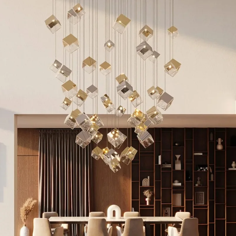 

Ice cube creative staircase chandelier personalized villa high ceiling living room dining bar counter