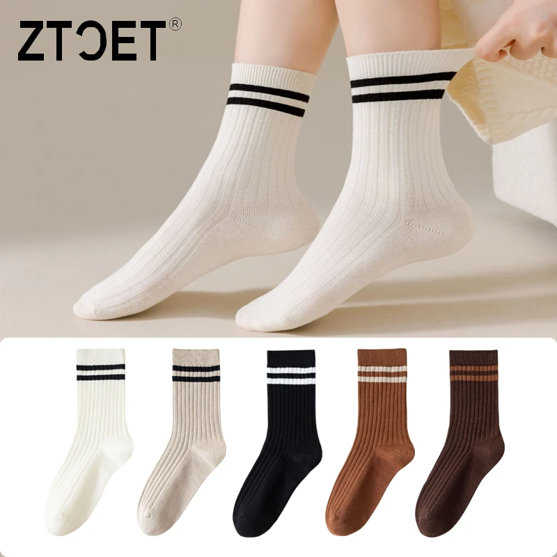5Pairs Women's Socks Autumn Winter New Medium Tube Combed Cotton Solid Color Fashion High Quality Comfort Female Socks
