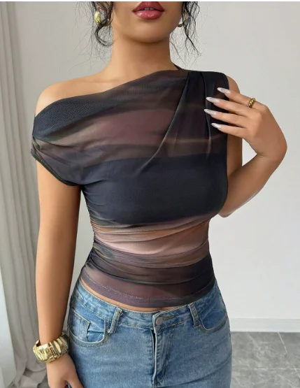 

Women's Tank Top Summer New French Fashion Style Tie Dye Printed Slant Neck Off Shoulder Tight Fit Versatile Sleeveless Tank Top