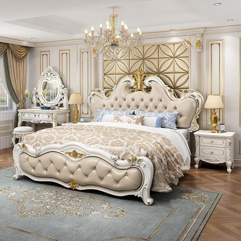 New Design French Luxury Bedroom Bed Furniture European Royal Classic Carved Queen King Size Solid Wood Frame Leather Double Bed view 5