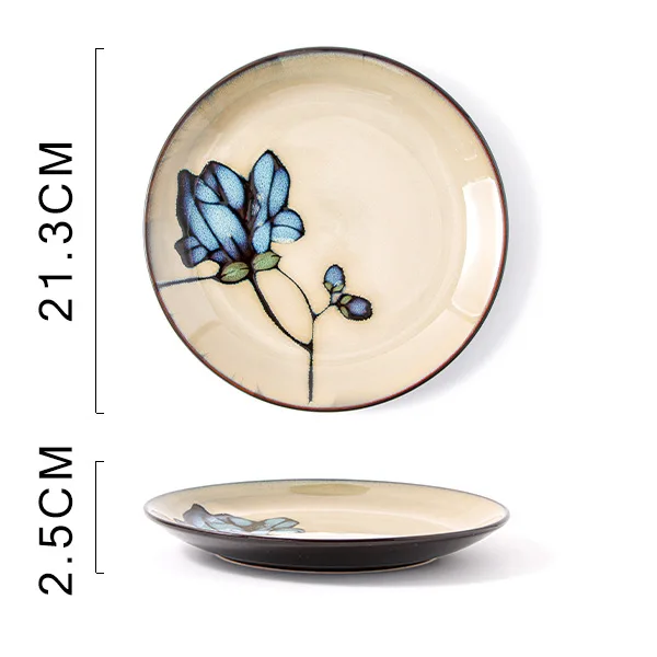 Ceramic hand-painted flowers creative dish plate Japanese tableware household fish plate round fruit plate kiln change rice bowl