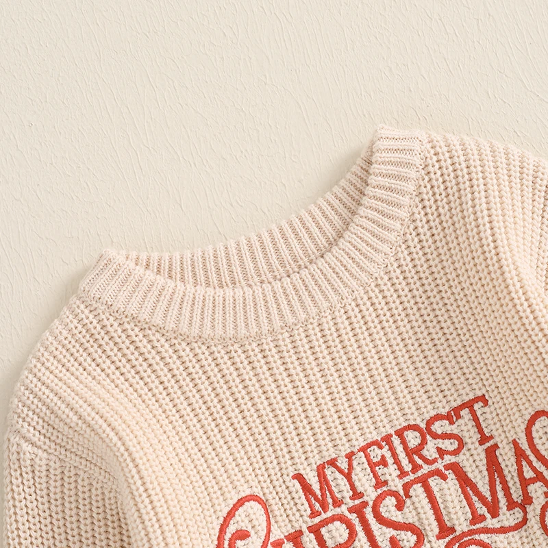 Newborn Baby Girl Boy Christmas Knit Long Sleeve Autumn Winter Sweater Romper, O-Neck Letter Embroidery Crotch Button Bodysuit