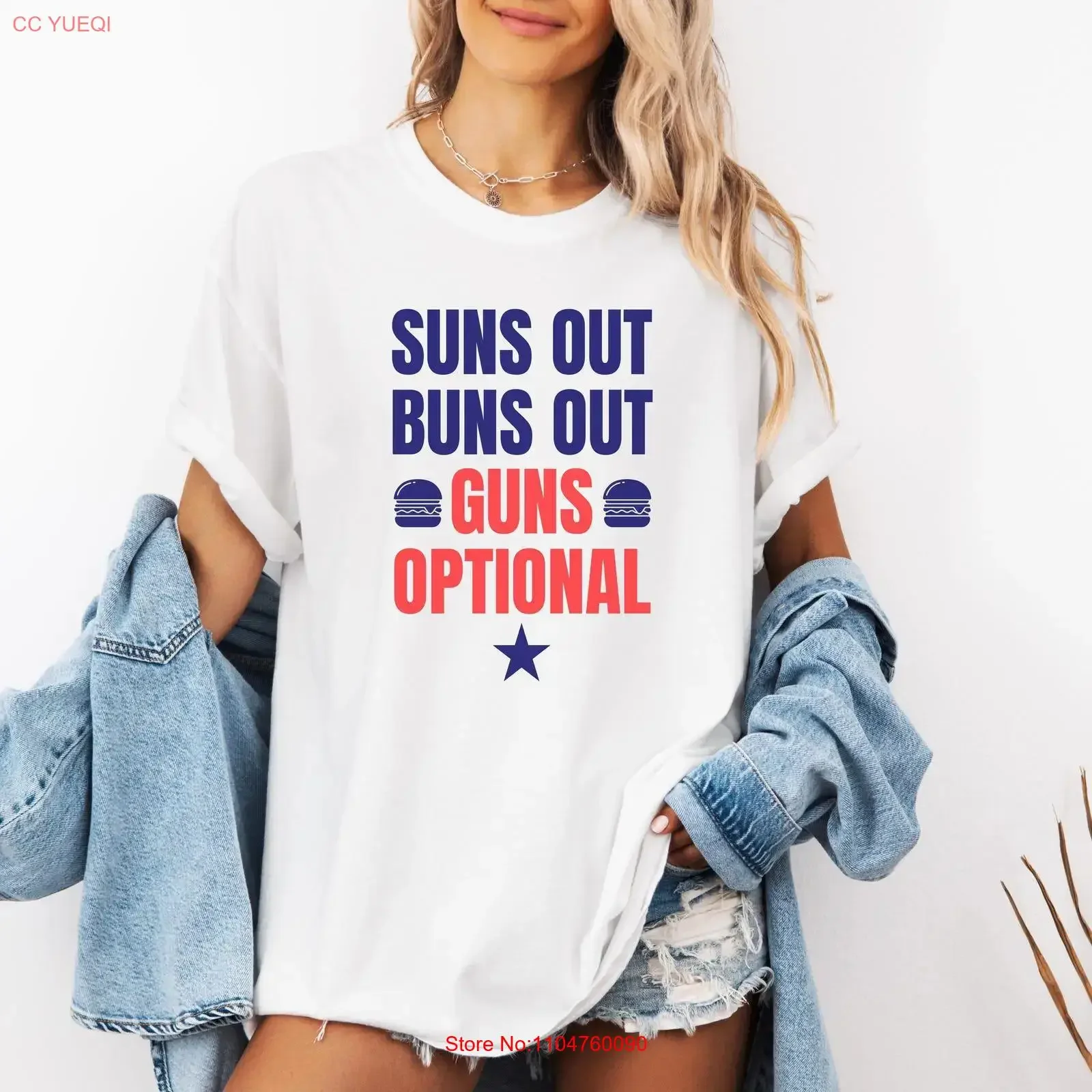 Funny 4th of July T Shirt Women Patriotic Party USA Independence Day Summer Suns Out Buns Guns Optional BBQ vintage Washed