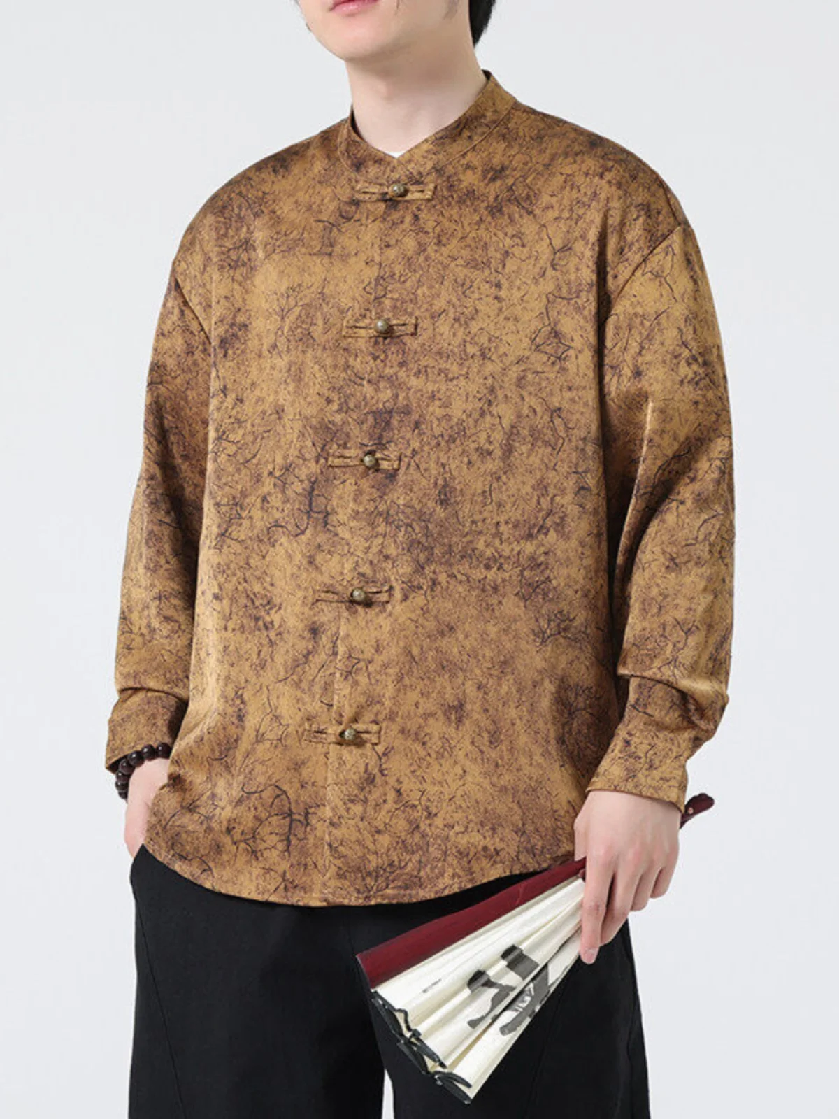 

New Chinese Sle Long Sve irt Men's Faion Spring Autumn Floral Embroidery Retro Button Hanfu plus Size irt Jaet