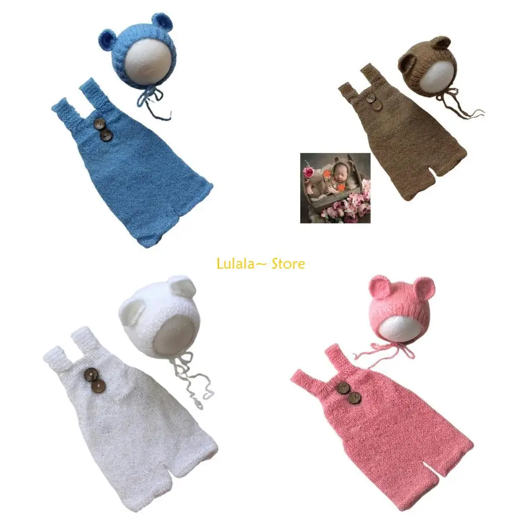 Y4QA Baby Photography Props Bear Hat Costume Newborns Photo Props Baby Photoshoot Beanie Infant Photo Suit Crochet Jumpsuit