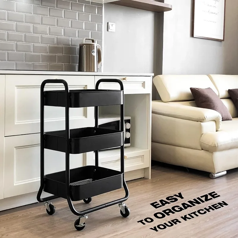 3-Tier Rolling Cart - Heavy Duty Metal Rolling Cart, Lockable Casters, Multifunctional Storage Shelves - Great for Kitchen