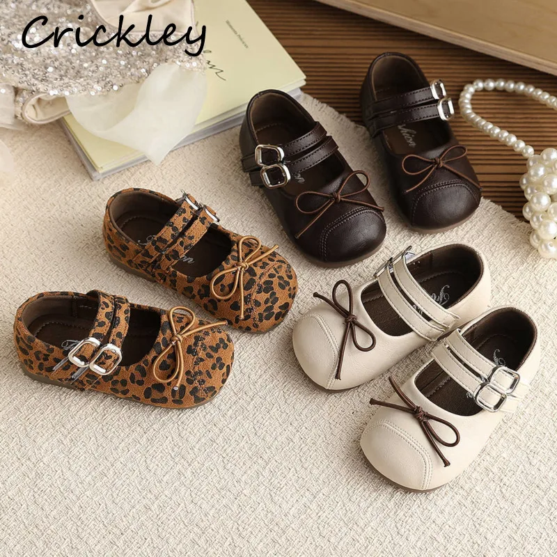 

Bow Leopard Girls Ballet Flats PU Leather Solid Shallow Kids Flats Shoes Hook Loop Soft Non Slip Children Princess Shoes