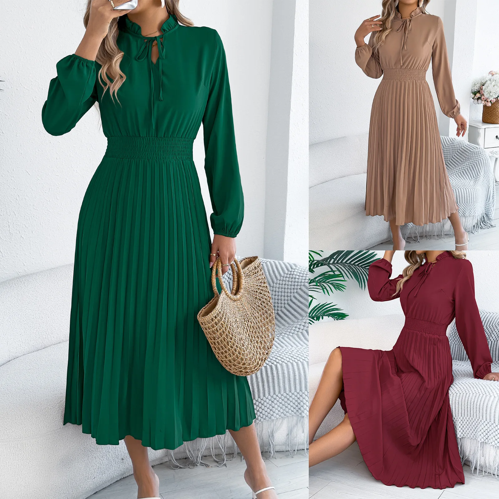

Dress for Women 2026 Summer Europe Elegant Retro Dress Lantern Sleeve Long Pleated Dresses XL
