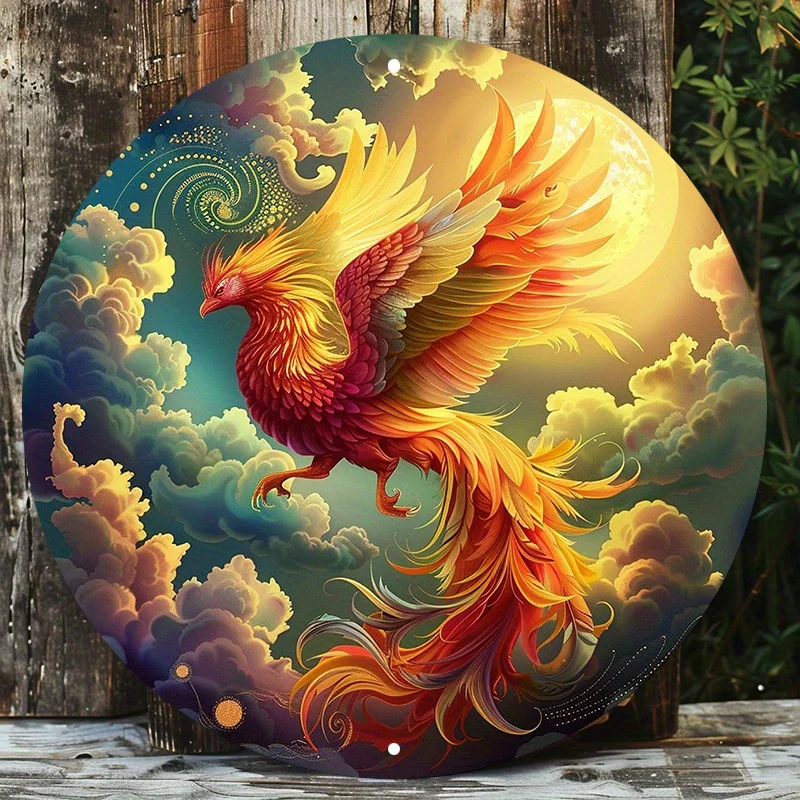 

Colorful Phoenix Bird Flying Metal Wall Sign, Waterproof and Weather Resistant, Aluminum Door Hanger, Round HD Printed Art Decor