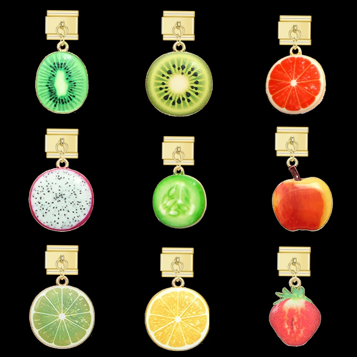 Nedar Glaze Fruit Kiwi Watermelon Apple Cucumber Lemon Italian Charms Links Bracelet Stainless Steel DIY Making Jewelry Gift