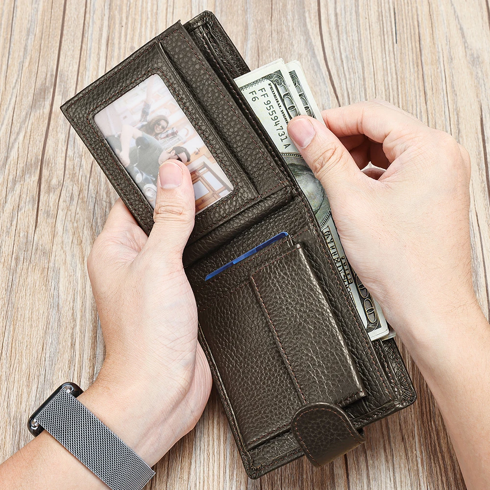 Carteiras dobráveis de couro para homens, porta-cartões de identificação de negócios, papel de notas, dinheiro, foto, bolsa de moedas, pressão curta, carteira cinza