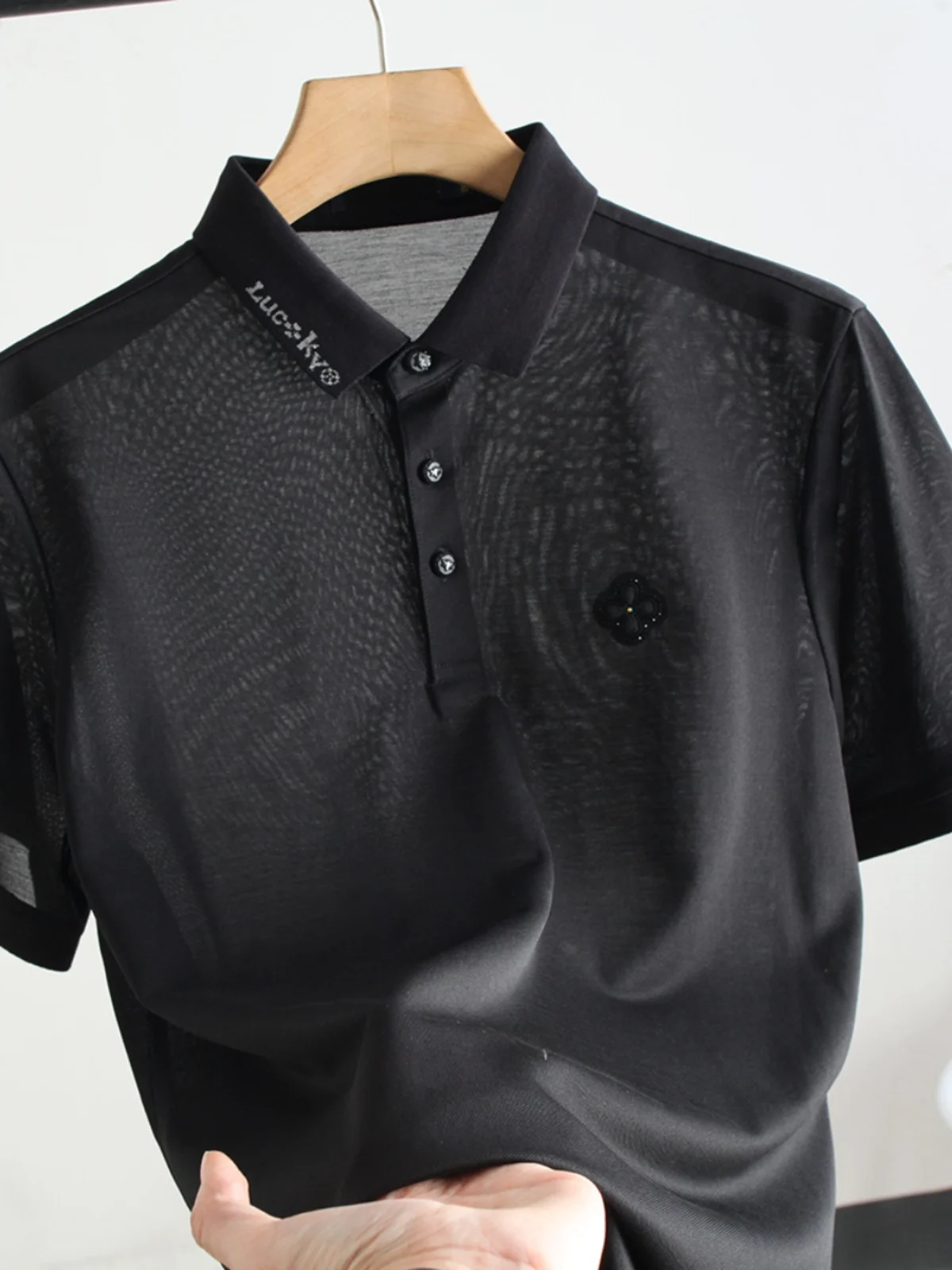 

Элитная шелковая мужская футболка с отложным воротником, не требующая глажки, летняя, повседневная, деловая